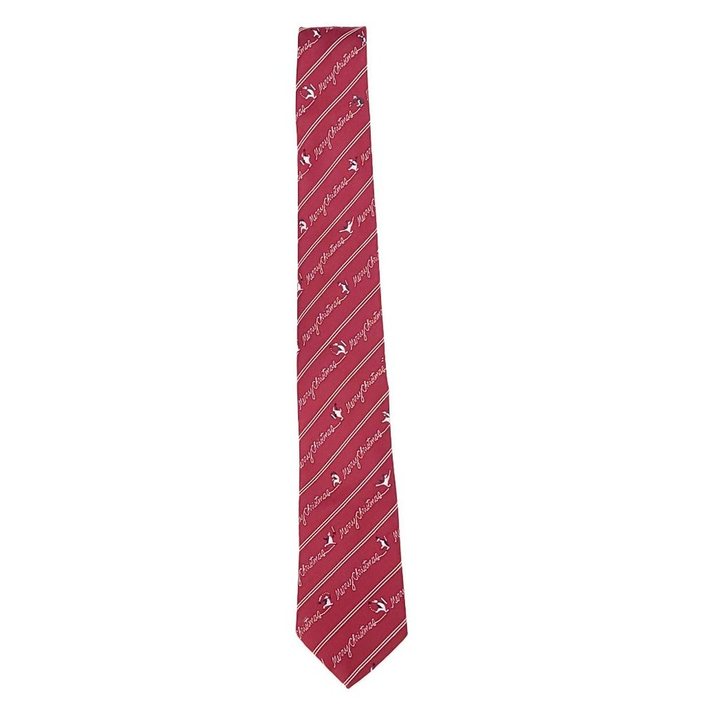 Avon Mens Vintage Christmas Tie Red Merry Christmas Script Penguin Novelty Skier